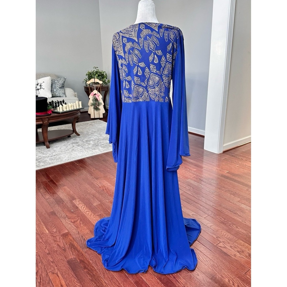 Handmade Bell Sleeve Blue Gold Glitter Unique Pattern Formal Gown Dress - Picture 4 of 12